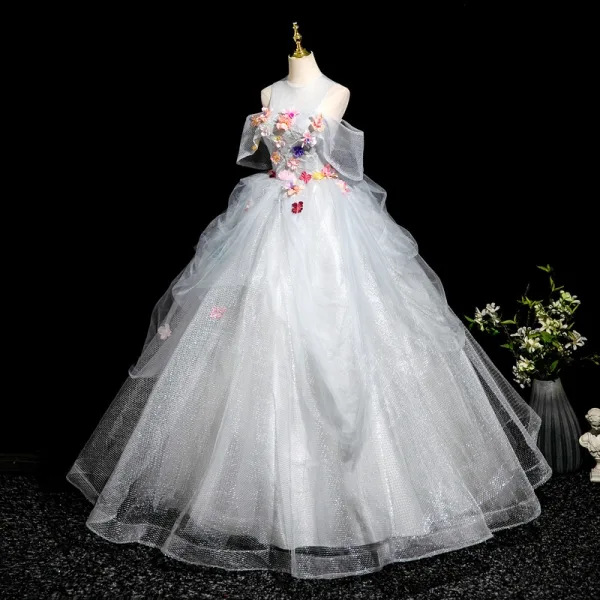 Blumenfee Silber Applikationen Fallende Rüsche Ballkleider 2025 Ballkleid Rundhalsausschnitt Kurze Ärmel Rückenfreies Lange Festliche Kleider