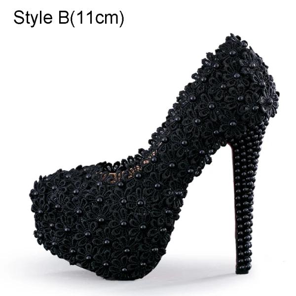 Sexy Black Rave Club Lace Flower Pearl Pumps 2021 14 cm Stiletto Heels Pointed Toe High Heels Pumps