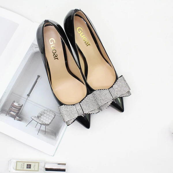 Charming Black Evening Party Rhinestone Bow Pumps 2021 12 cm Stiletto Heels High Heels Pointed Toe Pumps