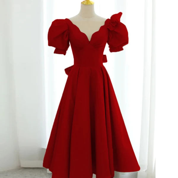 Vintage / Retro Sage Green Prom Dresses A-Line / Princess 2021 Scoop Neck Puffy Short Sleeve Backless Bow Tea-length Prom Formal Dresses