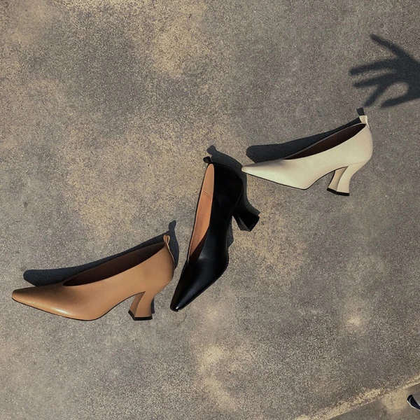 Fashion Brown Office OL Pumps 2021 Leather 6 cm Thick Heels Pointed Toe High Heels