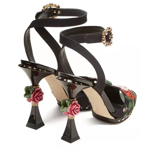Vintage / Retro High-end Black Pageant Womens Sandals 2021 Leather Embroidered Ankle Strap 10 cm Stiletto Heels Open / Peep Toe High Heels