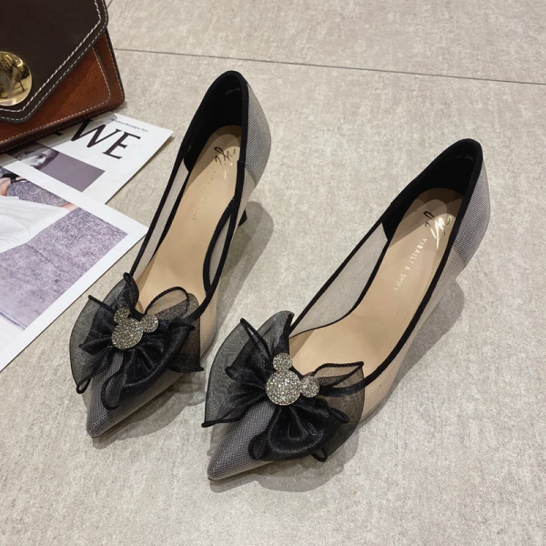 Schöne Schwarz Durchsichtige Ball Pumps 2021 Strass Schleife 7 cm Stilettos Hochhackige Spitzschuh Pumps
