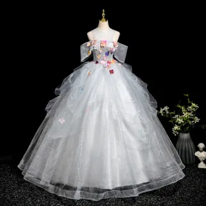 Fée Des Fleurs Argenté Appliques Volants En Cascade Robe De Bal 2025 Robe Boule Encolure Dégagée Manches Courtes Dos Nu Longue Robe De Ceremonie