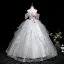 Blumenfee Silber Applikationen Fallende Rüsche Ballkleider 2025 Ballkleid Rundhalsausschnitt Kurze Ärmel Rückenfreies Lange Festliche Kleider