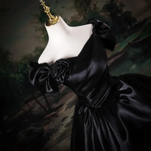 Vintage / Retro Black Prom Dresses 2025 Ball Gown Off-The-Shoulder Short Sleeve Backless Floor-Length / Long Prom Formal Dresses