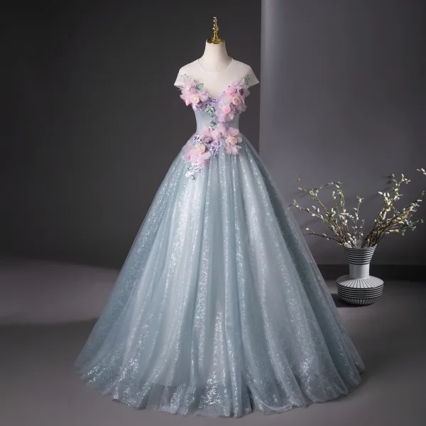 Elegant Sky Blue Sequins Appliques Prom Dresses 2025 Ball Gown Scoop Neck Short Sleeve Floor-Length / Long Prom Formal Dresses