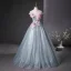 Elegant Sky Blue Sequins Appliques Prom Dresses 2025 Ball Gown Scoop Neck Short Sleeve Floor-Length / Long Prom Formal Dresses