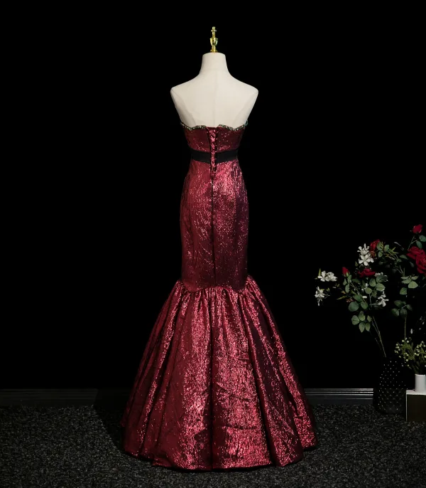 Sexy Burgundy Glitter Prom Dresses 2025 Trumpet / Mermaid Strapless Sleeveless Backless Floor-Length / Long Evening Party Formal Dresses