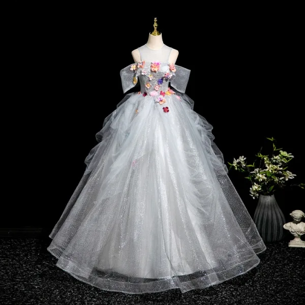 Blumenfee Silber Applikationen Fallende Rüsche Ballkleider 2025 Ballkleid Rundhalsausschnitt Kurze Ärmel Rückenfreies Lange Festliche Kleider
