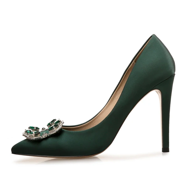 Mode Dunkelgrün Satin Ball Strass Pumps 2021 10 cm Stilettos Hochhackige Spitzschuh Pumps