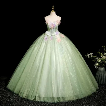 Fée Des Fleurs Vert Cendré Perlage Paillettes Appliques Robe De Bal 2025 Robe Boule Bustier Sans Manches Dos Nu Longue Robe De Ceremonie