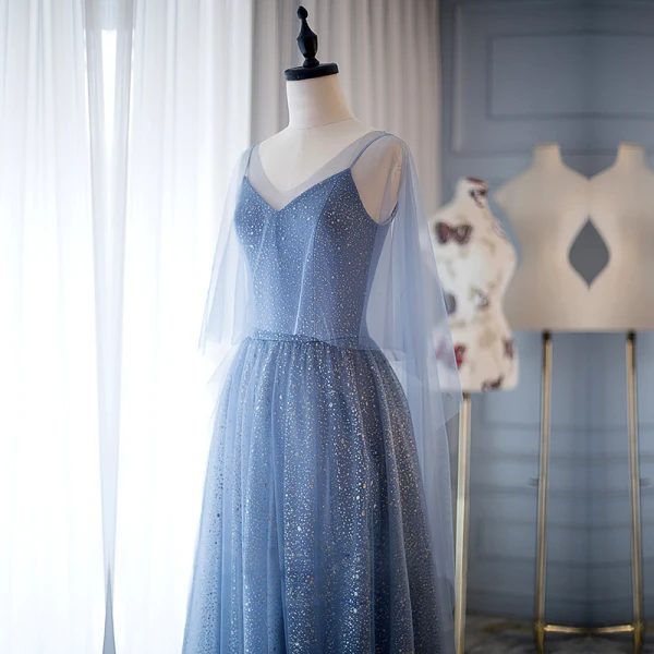 Modern / Fashion Ocean Blue Evening Dresses 2018 A-Line / Princess Glitter Spaghetti Straps Backless Sleeveless Floor-Length / Long Formal Dresses
