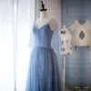 Modern / Fashion Ocean Blue Evening Dresses  2018 A-Line / Princess Glitter Spaghetti Straps Backless Sleeveless Floor-Length / Long Formal Dresses