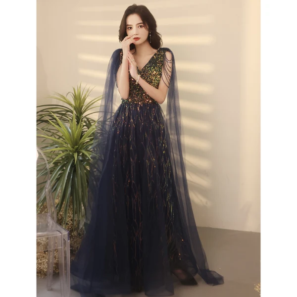 Scintillantes Bleu Marine Robe De Soirée 2021 Princesse V-Cou Perlage Cristal Paillettes Gland Sans Manches Dos Nu Longue Soirée Robe De Ceremonie