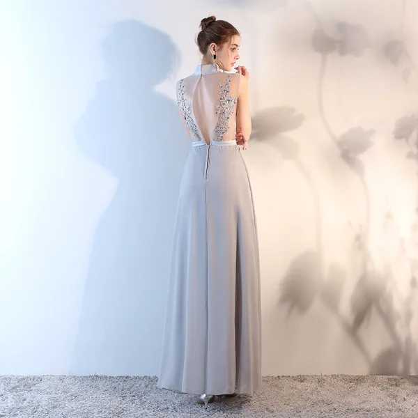 Elegant Chinese style Silver Evening Dresses  2018 A-Line / Princess Appliques Lace Sequins Sash High Neck Backless Sleeveless Floor-Length / Long Formal Dresses