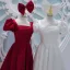Vintage / Originale Charmant Bordeaux Robe De Bal 2021 Bretelles croisées Noeud Longue Satin Encolure Carrée Promo Manches Courtes Robe De Ceremonie Princesse