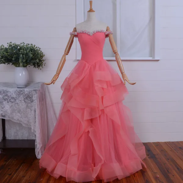 Chic / Beautiful Sky Blue Prom Dresses 2018 A-Line / Princess Rhinestone Sequins Cascading Ruffles Off-The-Shoulder Backless Sleeveless Floor-Length / Long Formal Dresses