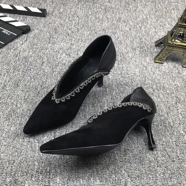 Vintage Schwarz Freizeit Leder Strass Pumps 2021 7 cm Stilettos Hochhackige Spitzschuh Pumps