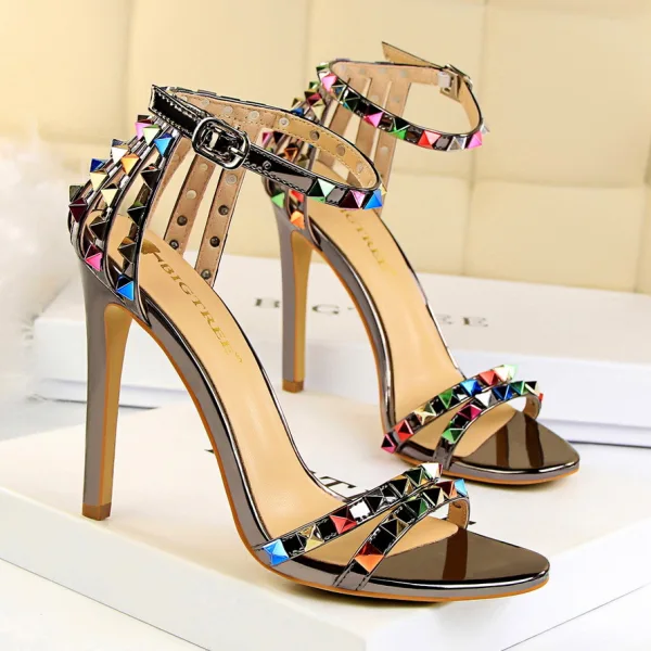 Sexy Silver Cocktail Party Rivet Womens Sandals 2021 T-Strap 11 cm Stiletto Heels Pointed Toe Sandals