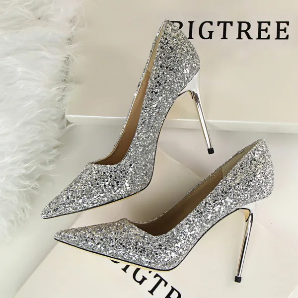 Glittrande Champagne Afton Paljetter Pumps 2021 Högklackade 9 cm Stilettklackar Spetsiga Pumps