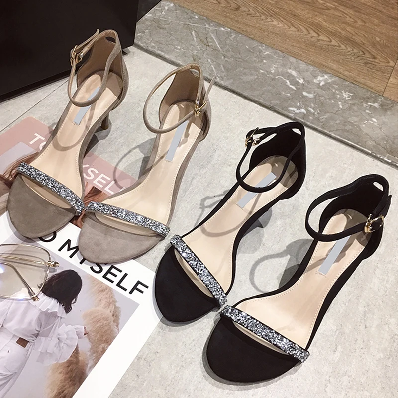 Sandales à Talons Noirs Pour Femmes Talon Aiguille Bout Ouvert Micro Daim Bottes D Ete Superieures P938430