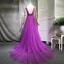 Chic / Belle Violet Robe De Soirée 2018 Princesse Perlage Perle Paillettes Appliques V-Cou Sans Manches Tribunal Train Robe De Ceremonie