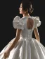 High-end Elegant Ivory Pearl Satin Wedding Dresses 2021 Ball Gown Square Neckline Short Sleeve Backless Bow Court Train Wedding