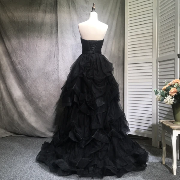 Elegante Schwarz Ballkleider 2018 A Linie Perlenstickerei Kristall Pailletten Fallende Rüsche Off Shoulder Rückenfreies Ärmellos Sweep / Pinsel Zug Festliche Kleider