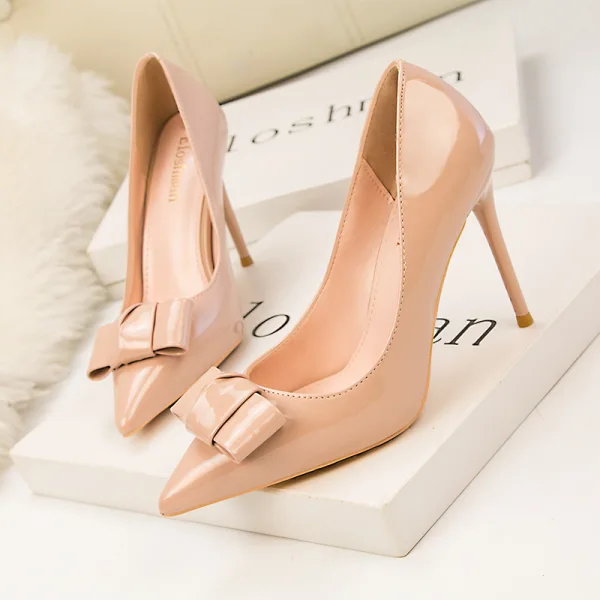 Schöne Gelb Büro OL Schleife Lackleder Pumps 2021 10 cm Stilettos Hochhackige Spitzschuh Pumps