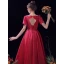 Chic / Belle Bordeaux de retour Satin Robe De Graduation 2021 Princesse Encolure Carrée Perle Ceinture Manches Courtes Dos Nu Asymétrique Robe De Ceremonie