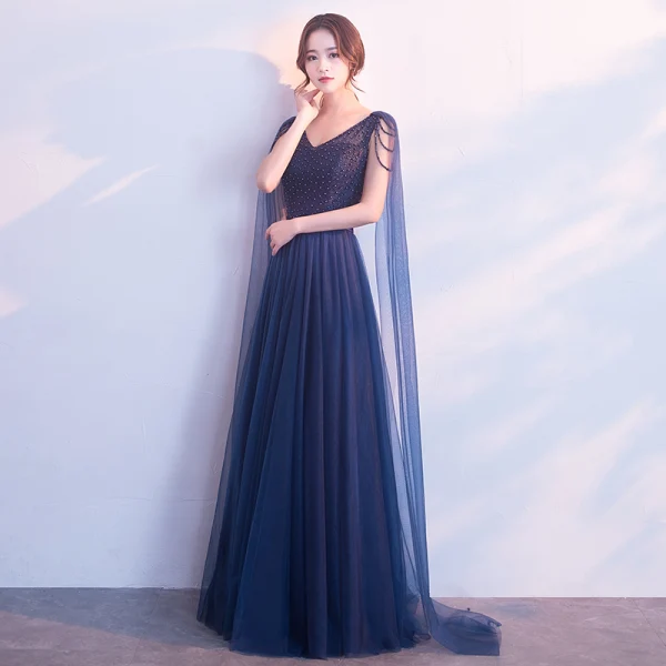 Chic / Belle Bleu Marine Robe De Soirée 2018 Princesse Perle Noeud V-Cou Dos Nu Sans Manches Watteau Train Longue Robe De Ceremonie