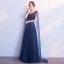 Chic / Belle Bleu Marine Robe De Soirée 2018 Princesse Perle Noeud V-Cou Dos Nu Sans Manches Watteau Train Longue Robe De Ceremonie