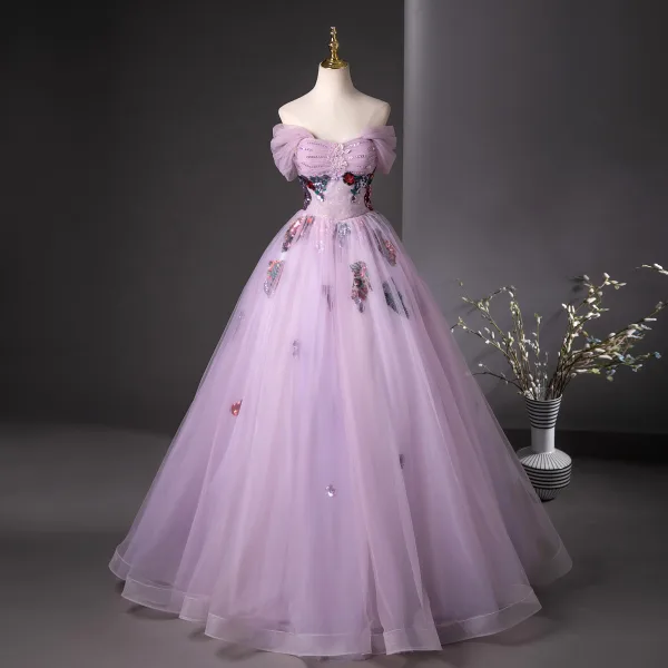 Elegant Lilac Beading Sequins Lace Flower Prom Dresses 2025 Ball Gown Off-The-Shoulder Short Sleeve Backless Floor-Length / Long Prom Formal Dresses