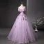 Elegant Lilac Beading Sequins Lace Flower Prom Dresses 2025 Ball Gown Off-The-Shoulder Short Sleeve Backless Floor-Length / Long Prom Formal Dresses