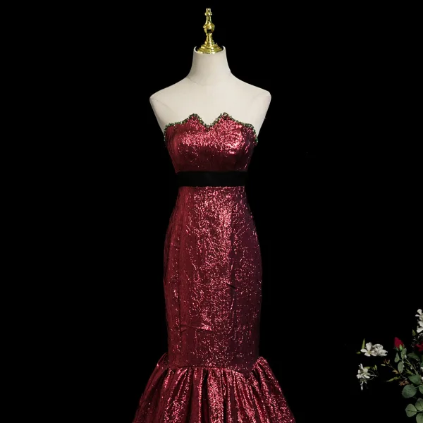 Sexy Burgundy Glitter Prom Dresses 2025 Trumpet / Mermaid Strapless Sleeveless Backless Floor-Length / Long Evening Party Formal Dresses