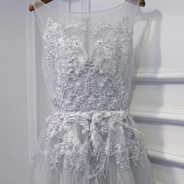 Modest / Simple Silver Wedding Party Dresses Bridesmaid Dresses 2017 Lace Flower Sequins Pearl Scoop Neck Sleeveless Short A-Line / Princess