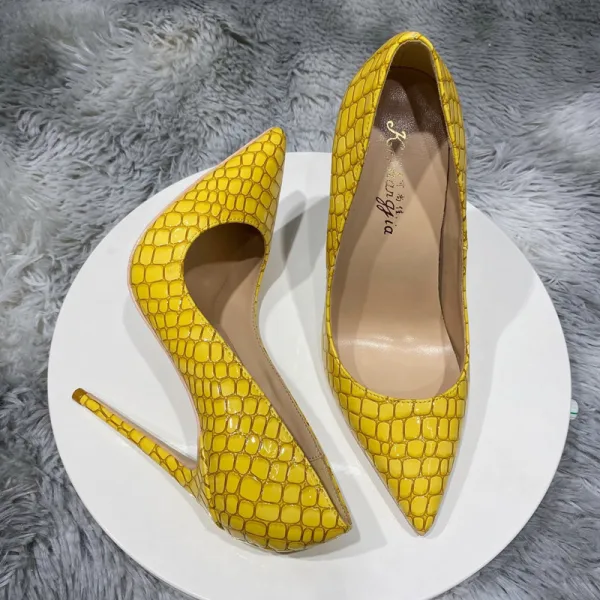 Chic / Beautiful Yellow Cocktail Party Snakeskin Print Pumps 2021 12 cm Stiletto Heels Pointed Toe Pumps High Heels