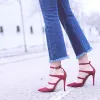 Sexy Burgundy Street Wear Suede Womens Sandals 2021 Ankle Strap 10 cm Stiletto Heels Pointed Toe Sandals High Heels