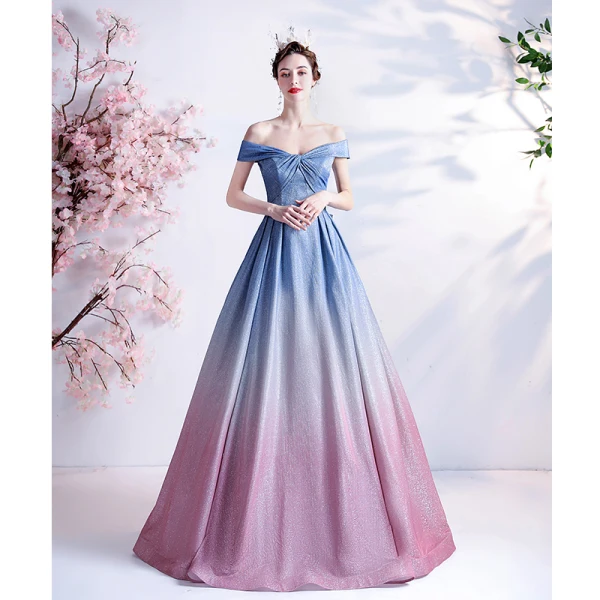 Fashion Gradient-Color Sky Blue Glitter Prom Dresses 2021 A-Line / Princess Off-The-Shoulder Short Sleeve Backless Bow Floor-Length / Long Prom Formal Dresses