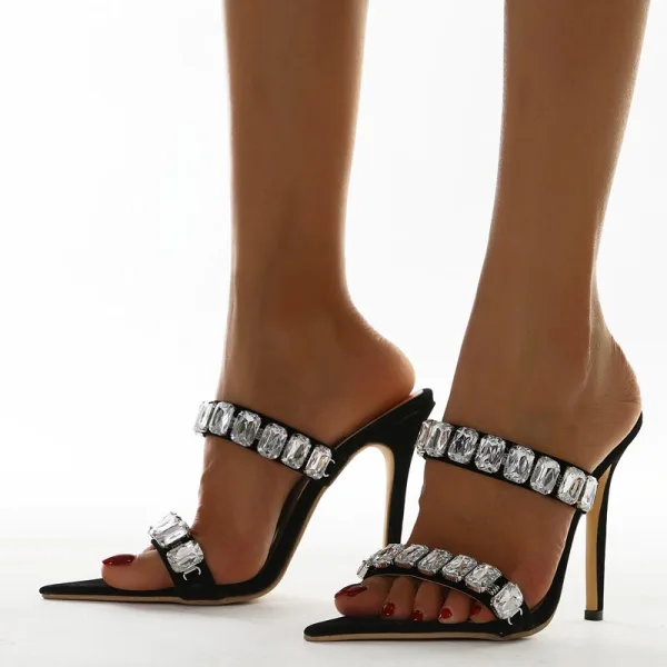 Sexy Noire Cocktail Faux Diamant Sandales Femme 2021 12 cm Talons Aiguilles Peep Toes / Bout Ouvert Talons Hauts Sandales