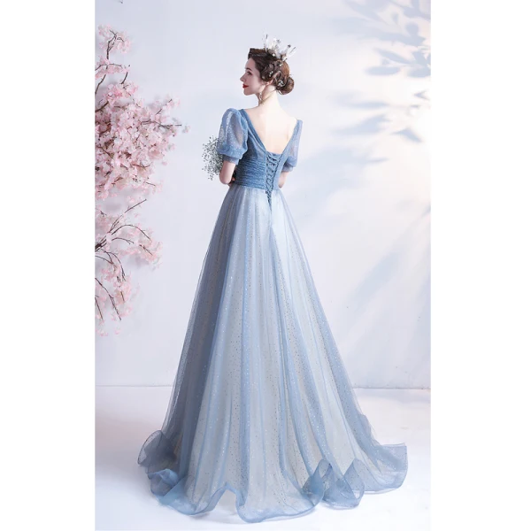 Chic / Belle Bleu Ciel Paillettes Robe De Bal 2021 Princesse V-Cou Manches Courtes Dos Nu Noeud Longue Promo Robe De Ceremonie