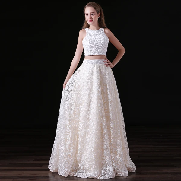 Chic / Beautiful Ivory 2 Piece Wedding Dresses 2018 A-Line / Princess Lace Pearl Scoop Neck Backless Sleeveless Floor-Length / Long Wedding