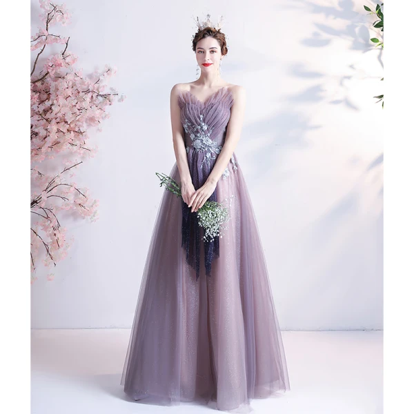 Fashion Lavender Prom Dresses 2021 A-Line / Princess Strapless Beading Pearl Sequins Lace Flower Sleeveless Backless Floor-Length / Long Formal Dresses
