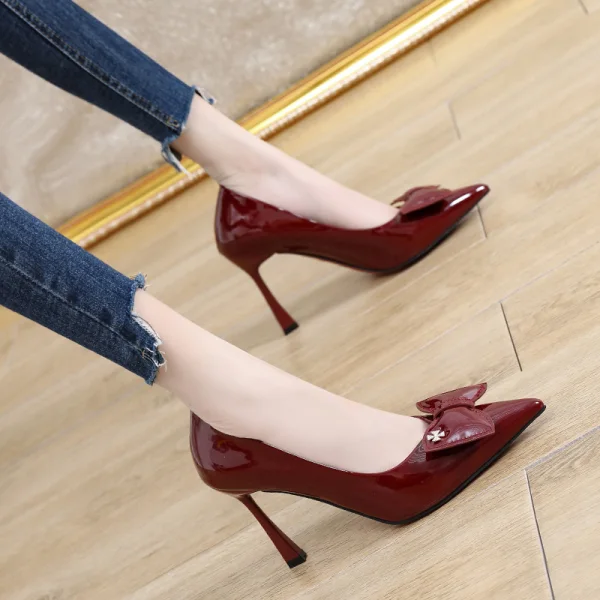 Chic / Beautiful Black Prom Patent Leather Bow Pumps 2021 9 cm Stiletto Heels Pointed Toe Pumps High Heels