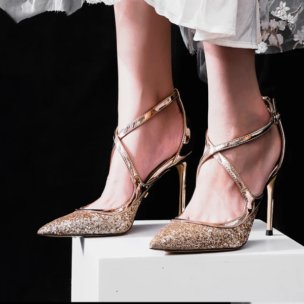 Sparkly Sexy Gold Evening Party Sequins Womens Sandals Leather 2021 X-Strap 8 cm Stiletto Heels Pointed Toe Sandals High Heels