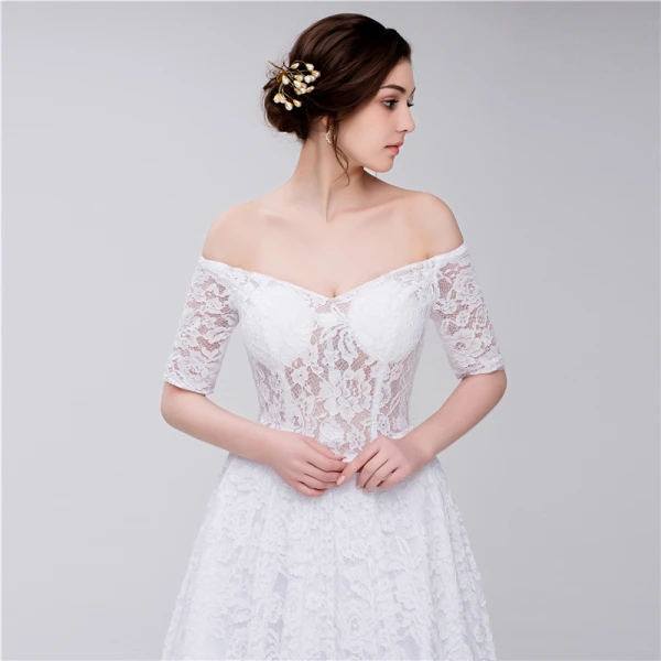 Chic / Beautiful White Wedding Dresses 2018 A-Line / Princess Lace Off-The-Shoulder Backless Short Sleeve Court Train Wedding