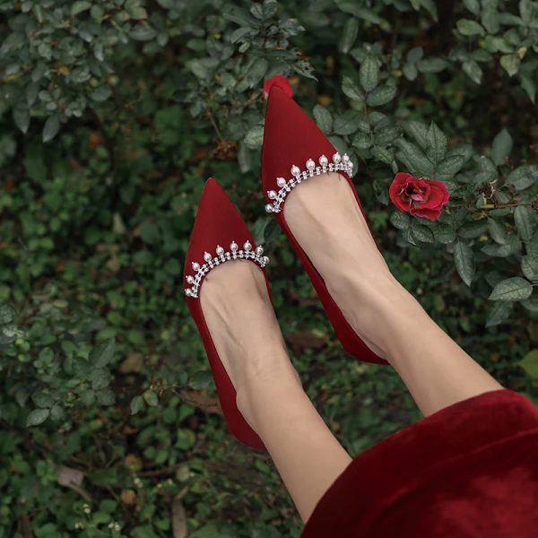 Elegant Red Pearl Rhinestone Wedding Shoes 2021 7 cm Stiletto Heels Pointed Toe Wedding Pumps High Heels