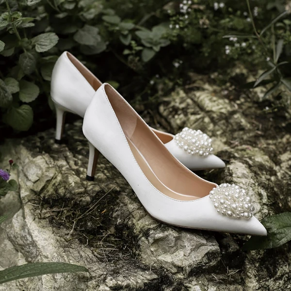 Elegant White Pearl Wedding Shoes 2021 7 cm Stiletto Heels Pointed Toe Wedding Pumps High Heels