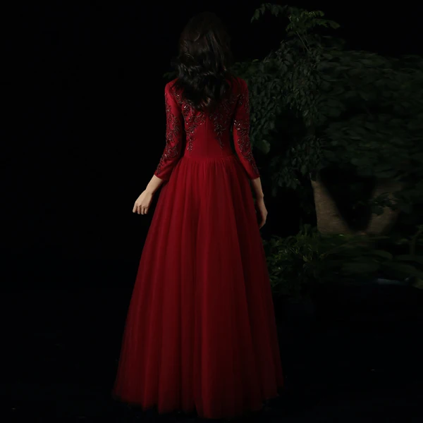 Charming Red Evening Dresses  2021 A-Line / Princess V-Neck Beading Sequins Lace Flower 3/4 Sleeve Floor-Length / Long Evening Party Formal Dresses